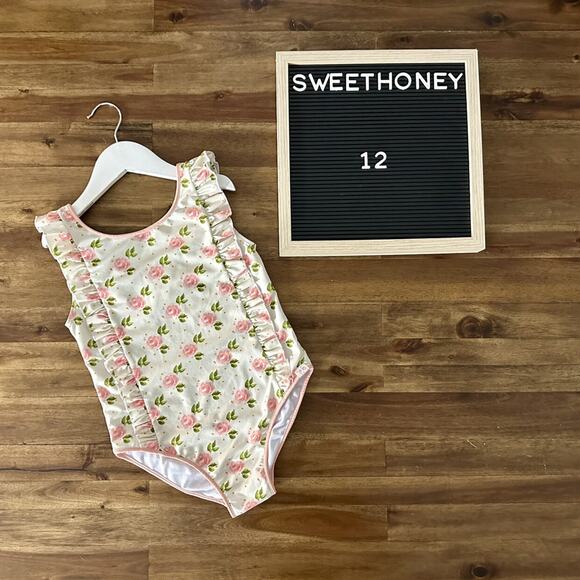 NEW SweetHoney Leotard Peony Rose Floral Cream Pink Dot Sleeveless Ruffle 12 - Picture 1 of 6